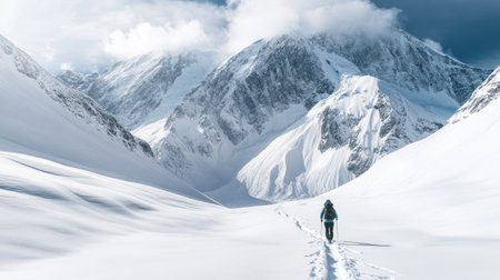 A lone hiker trekking through the Austrian Alps, following a peaceful winter trail with breathtaking mountain views.の素材