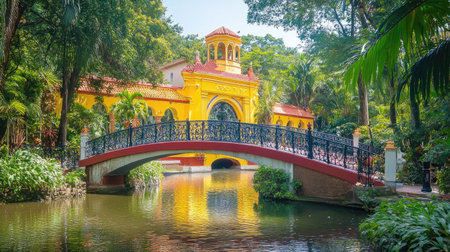 A charming footbridge crossing a serene pond, surrounded by vibrant greenery in Monserrate Park.の素材