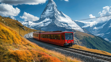 A breathtaking view of the red Gornergrat train gliding along the railway, with the stunning Matterhorn peak in the backgroundの素材