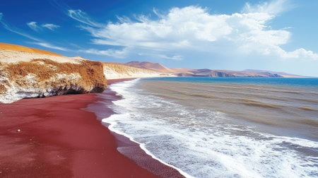 A breathtaking view of Playa Roja, the famous red beach in Paracas, where crimson sands meet the blue Pacific.の素材