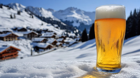 A glass of refreshing wheat beer glowing under the midday sun, with snow-covered rooftops of Lech Zrs in the background.の素材