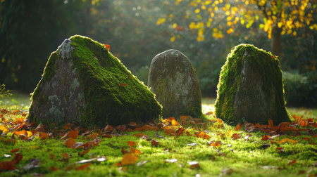 A mystical garden scene with rich green moss covering ancient stones and vibrant leaves scattered aroundの素材