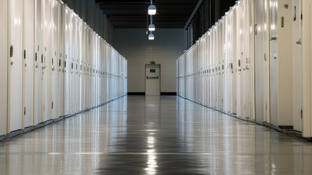 A perfectly aligned row of public restroom stalls with white dividers, ensuring privacy and cleanliness.の素材