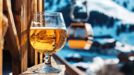 A glass of golden wheat beer placed on a weathered wooden fence, with a ski lift in motion behind it.の素材