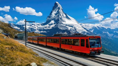 A picturesque moment as the electric train stops at Gornergrat station, offering a panoramic view of the Matterhorn in Zermattの素材