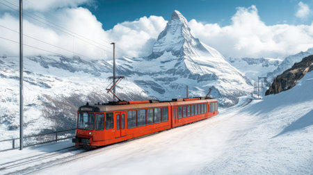 A picturesque moment as the electric train stops at Gornergrat station, offering a panoramic view of the Matterhorn in Zermattの素材