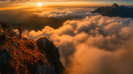 A mesmerizing autumn sunset over Saxer Lcke, where rocky mountain ridges meet golden clouds in the Swiss Alps of Appenzellの素材