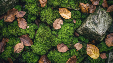 A forest-inspired composition of moss-covered stone and scattered green leaves forming a seamless natural wallpaperの素材