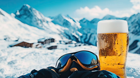 A skier's gloves and helmet resting beside a tall wheat beer, with breathtaking views of the Arlberg ski resort under clear blue skies.の素材