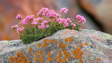An ancient rock formation adorned with patches of Moss Campion, showcasing the resilience of alpine flora.の素材