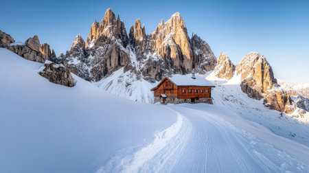 A well-groomed winter hiking trail leading to a charming alpine hut, nestled among snowy peaks.の素材