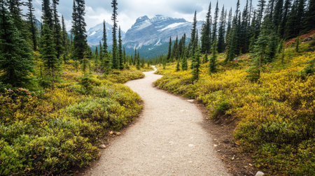 A well-trodden hiking path meandering through dense alpine forest, with snow gently falling.の素材