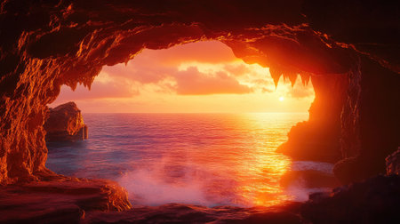 Ayia Napa's iconic sea caves bathed in sunset light, with the Mediterranean stretching into the glowing horizon.の素材
