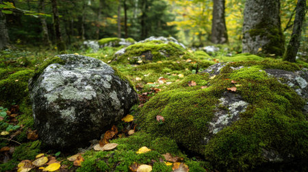 Beautiful natural contrast of rough stone and soft green moss, enhanced by scattered leaves in a damp forest settingの素材