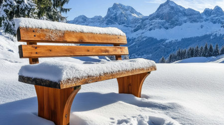 A wooden bench covered in fresh snow beside a peaceful hiking path in Vorarlberg, perfect for a winter rest.の素材