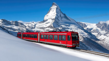 A timeless Swiss travel experience the red electric train moving along Gornergrat, framed by the Matterhorn's snow-covered peakの素材