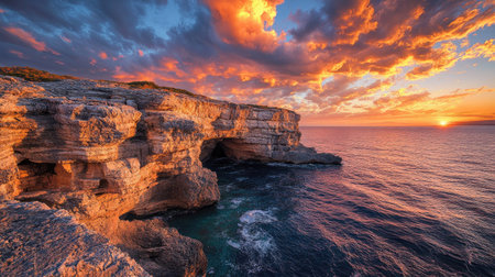 Cape Greco's iconic cliffs at golden hour, where the sun dips into the horizon, leaving a trail of pink and yellow in the sky.の素材
