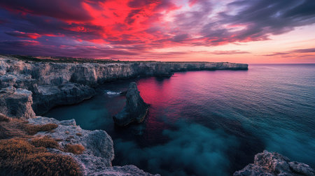 Cape Greco's cliffs glowing under the sunset, as the sky fades from fiery red to deep purple above the turquoise sea.の素材