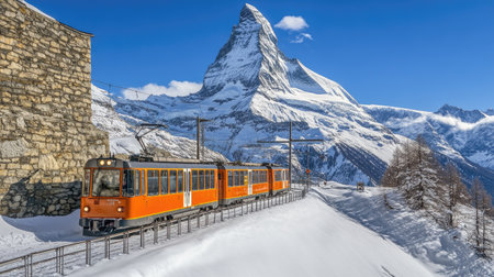 A winter wonderland scene with the electric train at Gornergrat station, framed by the towering Matterhorn in Switzerlandの素材
