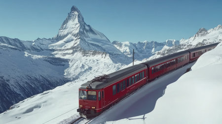 An unforgettable train ride through the Swiss Alps, as the Gornergrat railway offers a breathtaking view of the Matterhornの素材