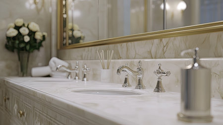 Classic hotel washroom with a luxurious marble counter, ornate faucets, and a sophisticated vintage-style mirror.の素材