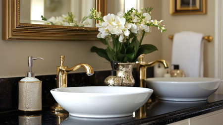 Contemporary washroom with white basins, a dark stone countertop, gold fixtures, and a large mirror reflecting the high-end design.の素材