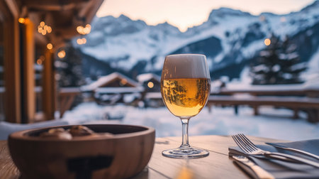 Cozy aprs-ski setting with a wheat beer, wooden lodge, and mountain vistas in Lech Zrs, the heart of Arlberg.の素材