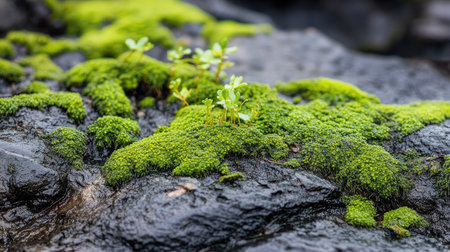Deep green moss creeping over a rough rock surface, with tiny leaves emerging from crevices in soft lightの素材