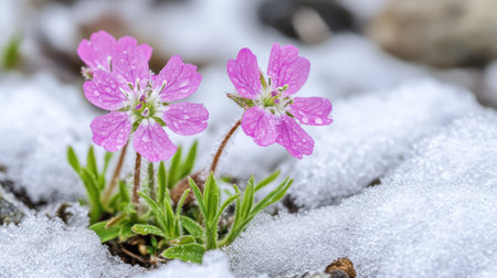 Delicate Silene acaulis flowers peeking through melting snow, marking the arrival of spring in the alpine region.の素材