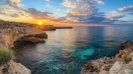 Dramatic coastal sunset at Cape Greco, where golden light reflects off rugged cliffs and crystal-clear turquoise waters.の素材