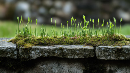 Fresh evergreen herbs sprouting from the cracks of a moss-covered wall, embracing nature's resilienceの素材