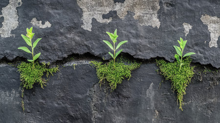Fresh evergreen herbs sprouting from the cracks of a moss-covered wall, embracing nature's resilienceの素材