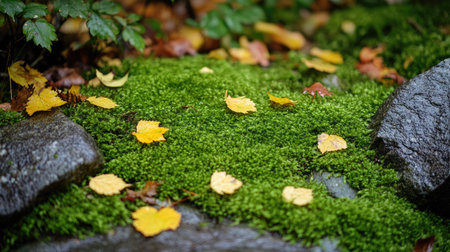 Earthy tones of green moss and rough stone, forming a natural and organic background in a garden settingの素材