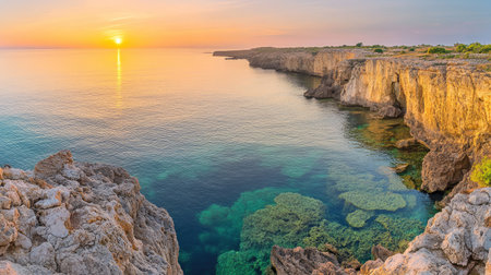 Dramatic coastal sunset at Cape Greco, where golden light reflects off rugged cliffs and crystal-clear turquoise waters.の素材