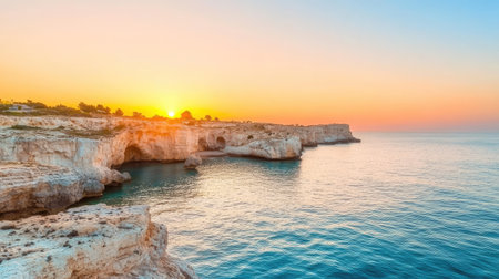 Fiery sunset over Cape Greco's sea caves, illuminating the cliffs with warm golden light against the deep blue waters.の素材
