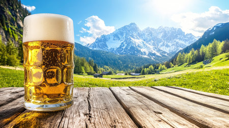 Ice-cold wheat beer in a classic Bavarian-style glass, sitting on a wooden table with a scenic view of the Austrian Alps.の素材