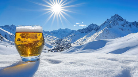 High-altitude relaxation with a glass of wheat beer, untouched snowfields, and a view of the Arlberg ski resort.の素材