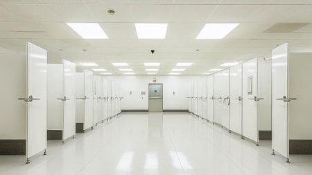 Empty and immaculately clean public bathroom stalls with sleek white partitions and sturdy metal hinges.の素材