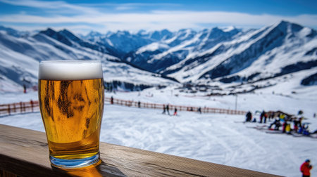 Golden wheat beer on a snow-dusted wooden railing, with skiers carving down the pristine slopes of Arlberg in the background.の素材
