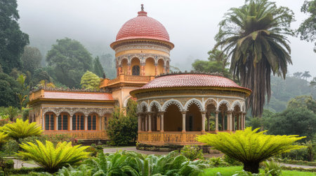 Misty morning over the botanical gardens of Monserrate Palace, with soft light filtering through towering tree ferns.の素材