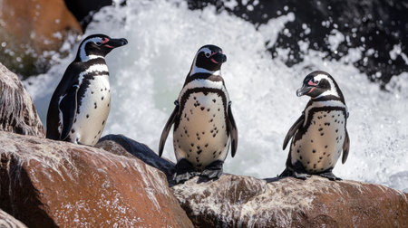 Majestic Humboldt penguins perched on the rocks of Ballestas Islands, with waves crashing in the background.の素材