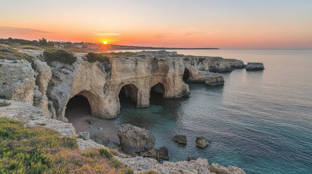 Spectacular sunset over the Ayia Napa coastline, highlighting the sea caves with soft pink and orange hues.の素材