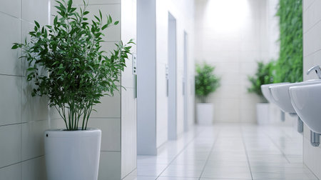 Neatly arranged public restroom stalls in a contemporary setting, featuring white partitions and a fresh, clean environment.の素材