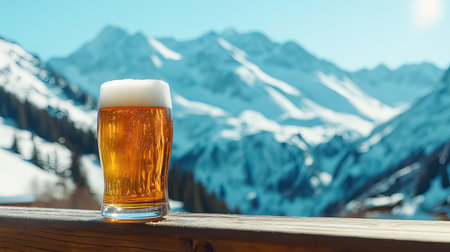 Refreshing wheat beer glistening in the alpine sun, perched on a wooden fence with the snow-covered peaks of Lech Zrs behind it.の素材