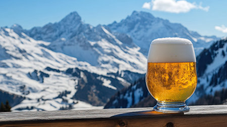 Refreshing wheat beer glistening in the alpine sun, perched on a wooden fence with the snow-covered peaks of Lech Zrs behind it.の素材