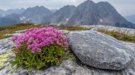 Stunning contrast between the soft pink hues of Silene acaulis and the rugged textures of the alpine landscape.の素材