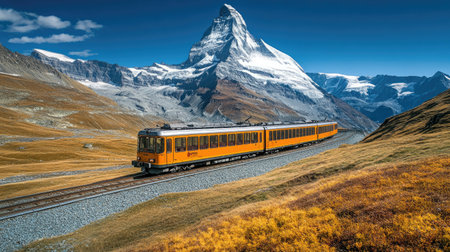 Swiss engineering meets natural beauty the Gornergrat railway train with the Matterhorn's iconic peak in the backgroundの素材