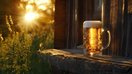 Sunset hues reflecting in a golden wheat beer, placed on a rustic wooden ledge at a ski hut in Arlberg.の素材