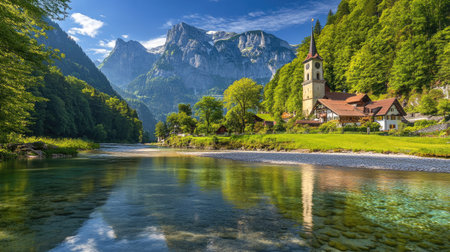 Swiss summer dream the lush greenery of Rosenlaui, crystal-clear waters of the Reichenbach River, and the towering Wellhorn in the backgroundの素材