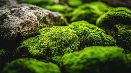 The beauty of nature up close thick moss growing over rugged stones, creating a lush, textured backgroundの素材